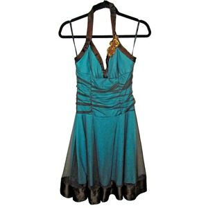 XOXO Collection Dress Size 9 Teal Brown Halter Ruched Whimsigoth Fairy Y2K